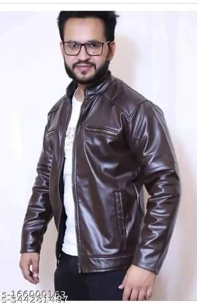 Synthetic Leather Jacket for Men (Dark Brown, M)