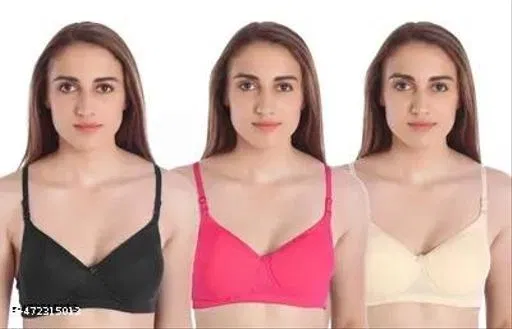 Cotton Solid Bra for Women & Girls, Multicolour, Pack of 3 (28A)