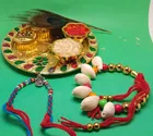 Combo of Metal Rakhi, 4.5 inch Plate, Chocolate, Greeting Card & Roli Chawal 