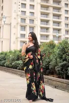 Georgette Printed Saree for Women, Black 