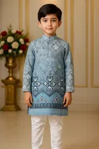 Cotton Blend Printed Kurta with Payjama for Boys, Blue & White 