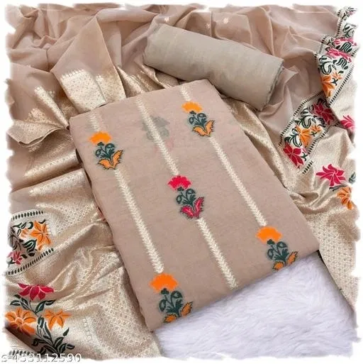 Cotton Blend Unstitched Suits for Women (Brown, Free Size)