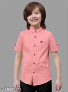 Solid Cotton Blend Mandarin Collar Short Sleeve Shirt for Boys 