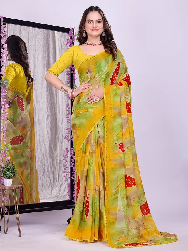 Georgette Printed Saree for Women (Yellow, 6.3 m)