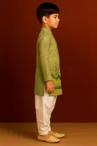 Cotton Blend Printed Kurta with Dhoti for Boys, Green & White 