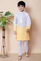 Cotton Embroidery Kurta with Payjama for Boys, Yellow & White 