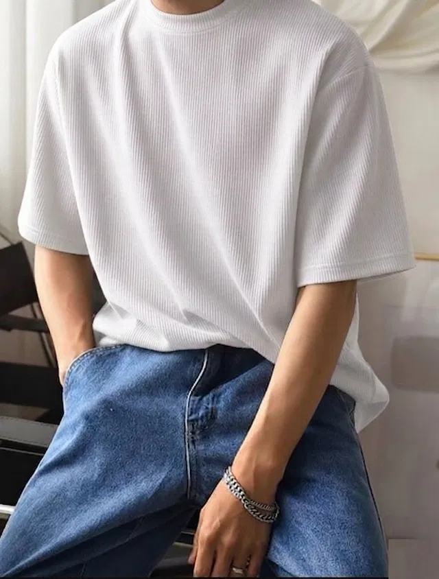 Ribbed Knit Oversized T-shirt for Men (White, XL)