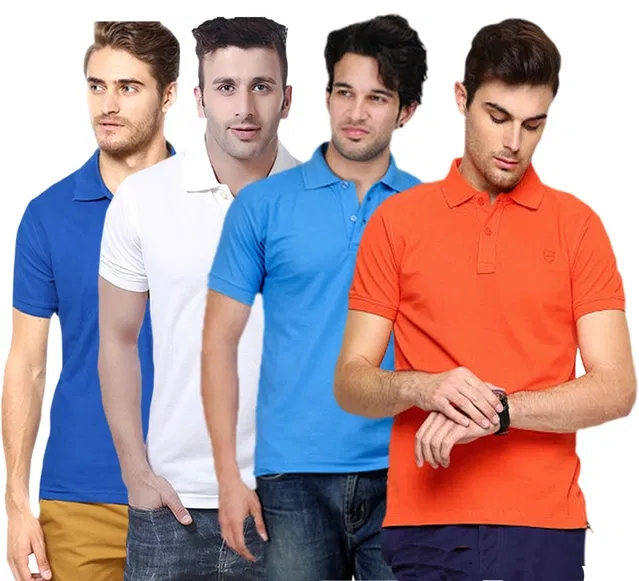 Polo Solid Pack of 4 T-shirts for Men (Multicolor, L)