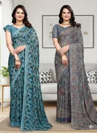 Georgette Printed Saree for Women, Multicolor, Pack of 2 