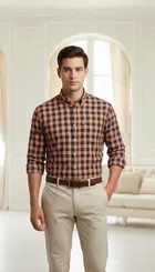 Cotton Checkered Shirt for Men, Peach 