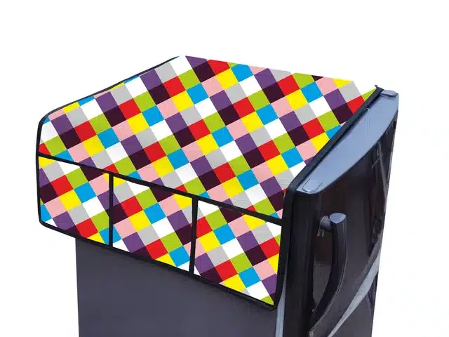 Knit Printed Fridge Top Cover with Side Pockets (Multicolor)