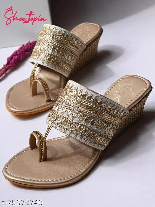 Shoetopia Yellow Embellished Wedge Sandals (IND-4)