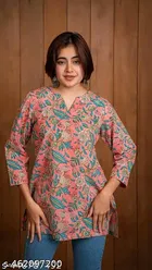 Cotton Printed Short Kurti for Women, Pink 