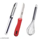 Stainless Steel Peeler with Whisk & Kitchen Knife (Red & Silver, Set of 3)