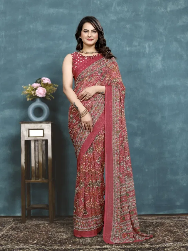 Georgette Printed Saree for Women (Peach, 6.3 m)