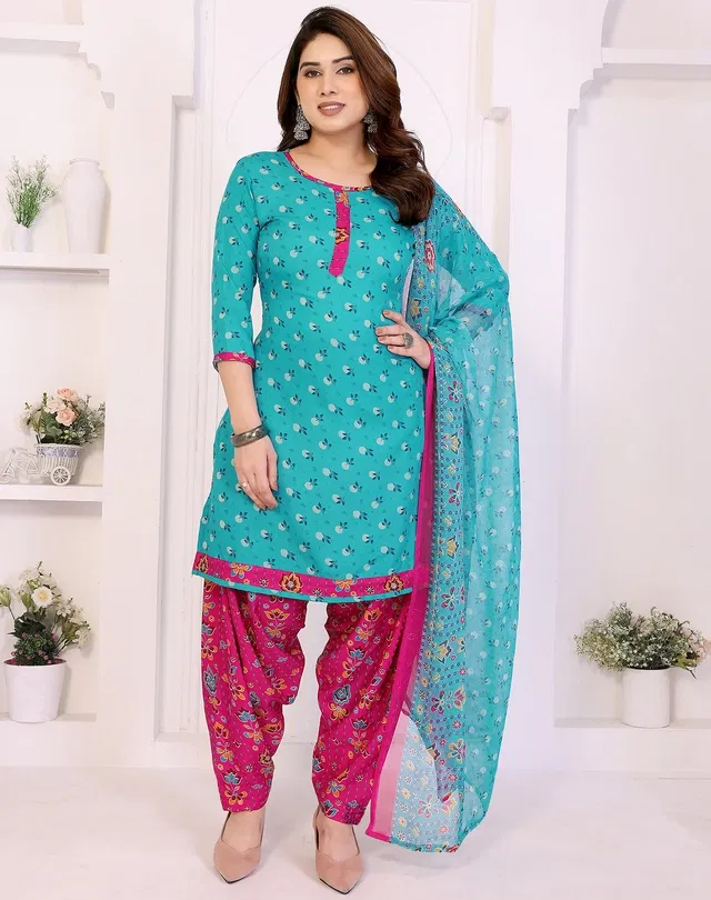 Crepe Floral Punjabi Suits for Women (Blue, Blue)