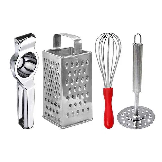 Oc9 Stainless Steel Lemon Squeezer & 4 in 1 Grater Or Slicer & Egg Whisk & Potato Masher Kitchen Tool Set (O-138)