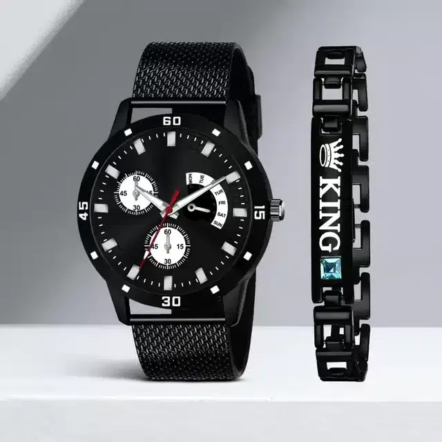 Analog Watch with Bracelet for Men (Black, Pack of 2)