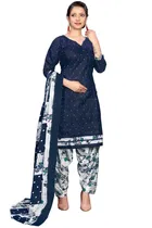 Cotton Blend Floral Kurti with Pant & Dupatta for Women (Navy Blue, 7XL)