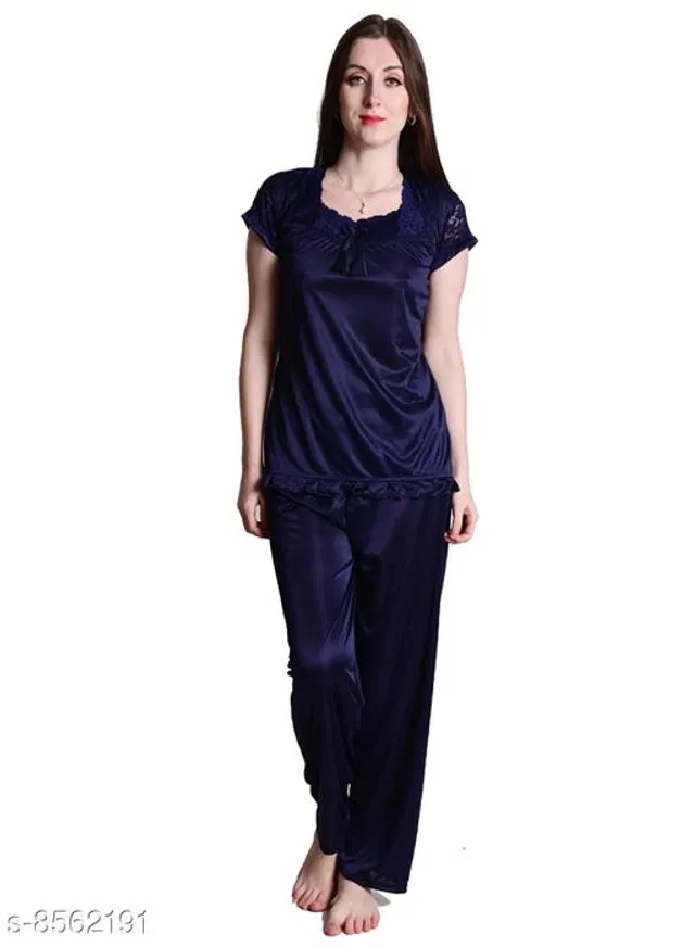 Satin Nightsuit Set for Women (Navy Blue, M)