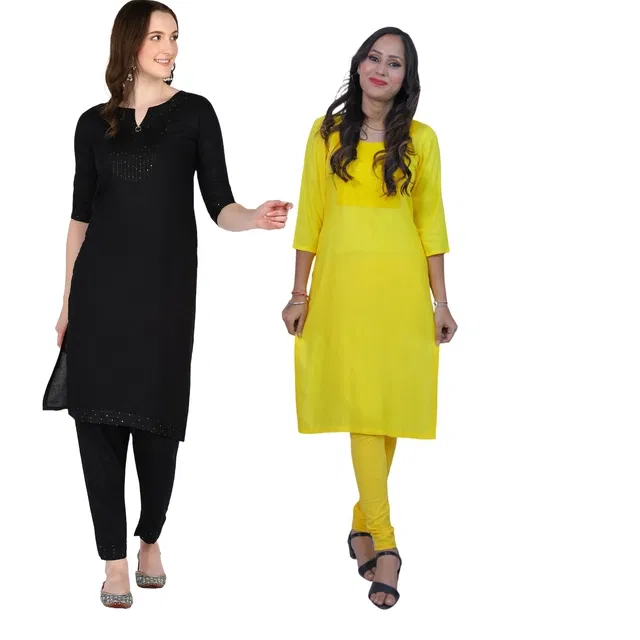 Rayon Embroidered Kurta for Women (Multicolor, L) (Pack of 2)