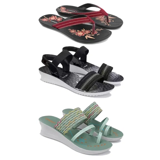 Flats with Heels & Sandals for Women (Multicolor, 7) (Set of 3)