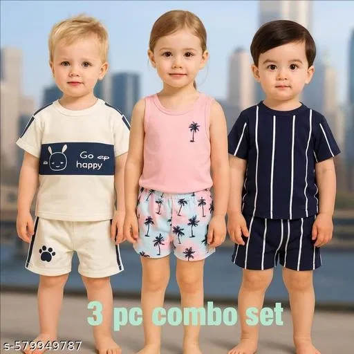 Hosiery Cotton Printed Clothing Set for Kids, Multicolor, Pack of 3 (0-6 Months)