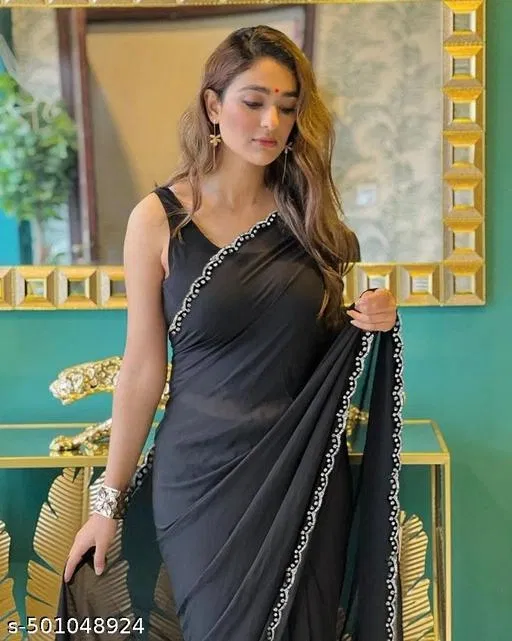 Georgette Solid Saree For Women, Black