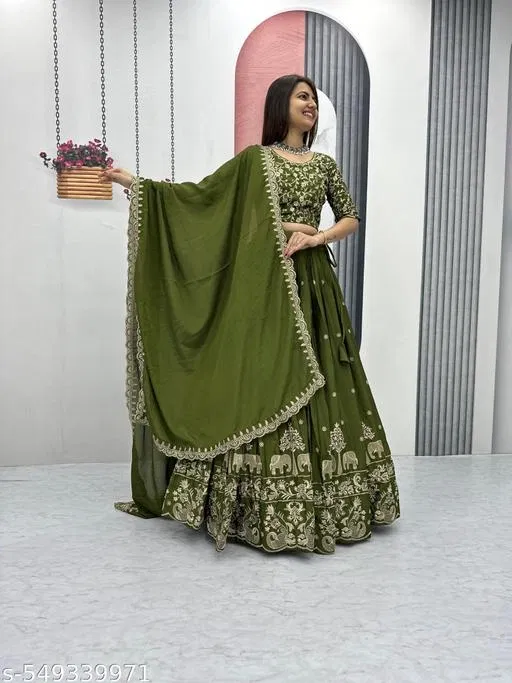 Lehenga Choli for Women (Mehndi, Free Size)