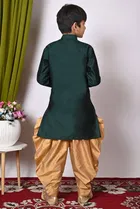 Dupion Silk Embellished Kurta with Dhoti for Boys, Bottle Green & Beige 