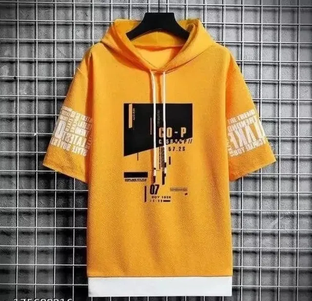 Half Sleeves Printed Hoodie for Men (Mustard, L)