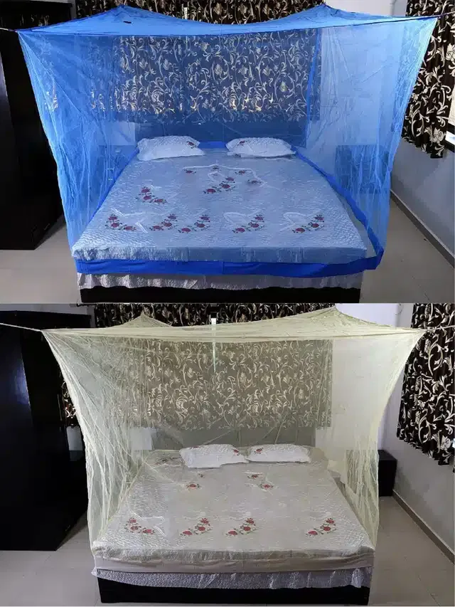 Polyester Double Bed Mosquito Net (Pack of 2) (Blue & Yellow, 6x6 feet)