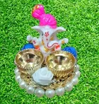 Metal Decorative Ganpati Haldi Kumkum Stand with 2 Roli Chawal Holder, Multicolor