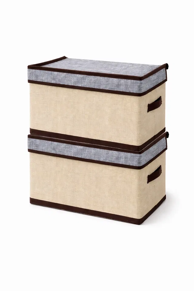 Craft Bazar Foldable Fabric Storage Box with Lid and Side Handles for Clothes, Books, Towels, Wardrobe, Shelf and Home Organization Pack of 2