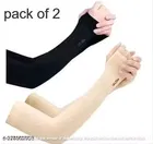 Solid Cotton Blend Arm Sleeves for Men & Women ,Black & Beige, Pack of 2