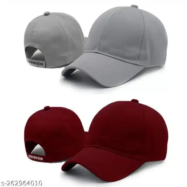 Cotton Cap for Men & Women (Grey & Maroon, Pack of 2)