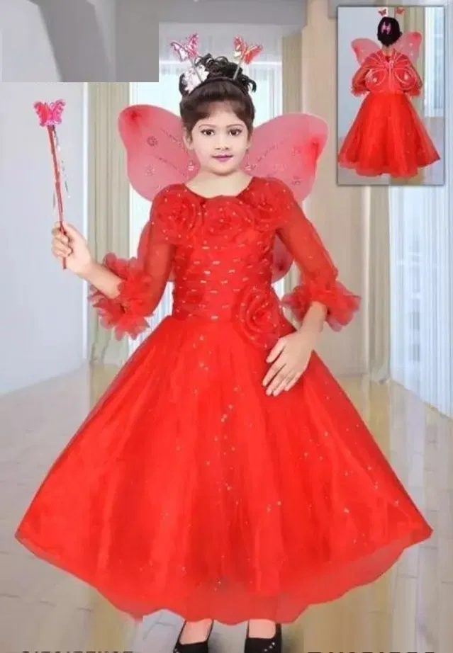 Cotton Blend Solid Pari Style Frock for Girls (Red, 4-5 Years)