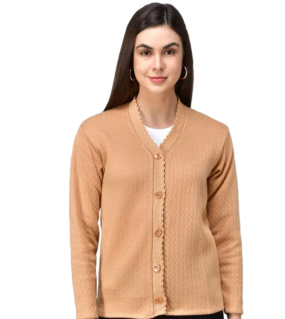 Woolen V-Neck Cardigan Full Sleeve Button-Up Winter Sweater (Free Size- Beige)