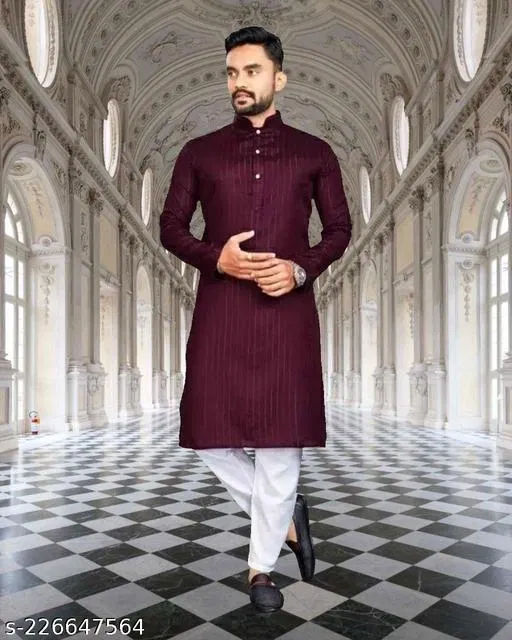 Mandarin Neck Kurta for Men (Maroon, M)