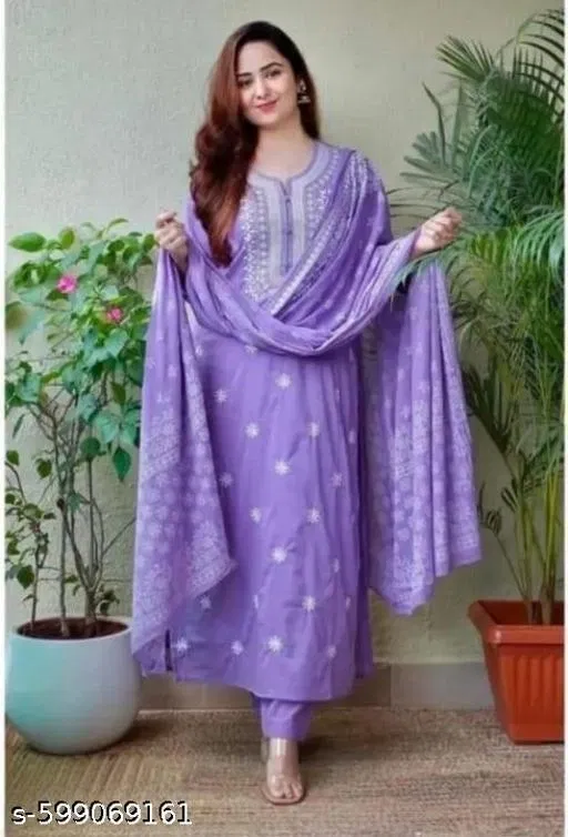 Rayon embroidered A-line Kurta Set for Women ( Purple,XL )
