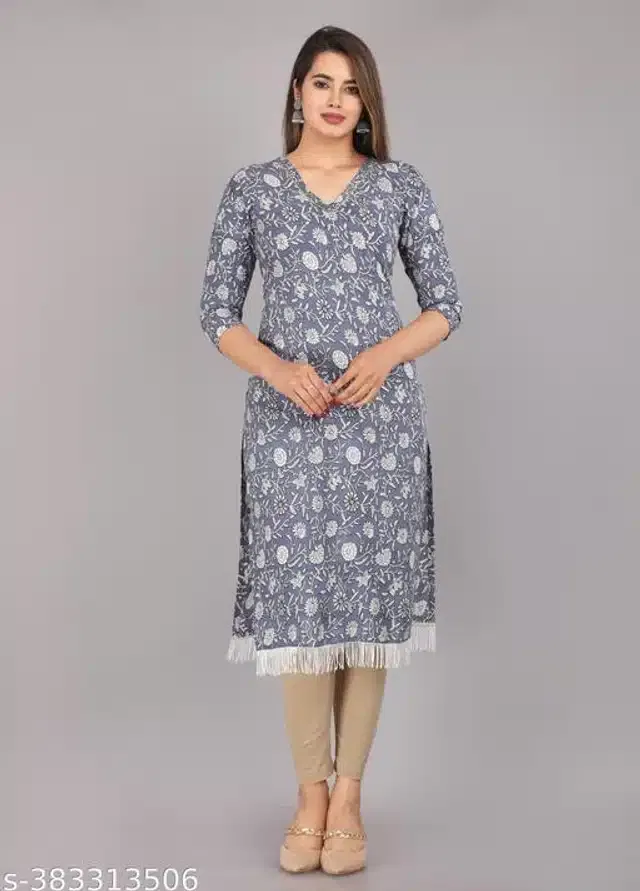 Rayon Printed Kurti for Women (Grey, XL)