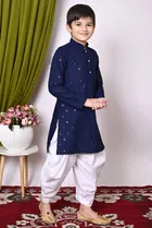 Rayon Cotton Embellished Kurta with Dhoti for Boys, Navy Blue & White 