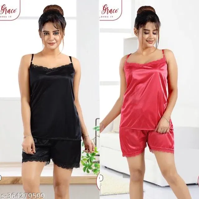 Satin Nightsuit for Women (Black & Pink, M) (Pack of 2)