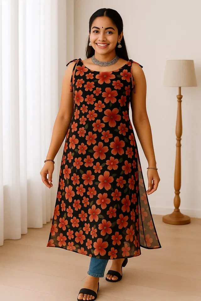 Tie Up Georgette Kurti for Women (Black, S)