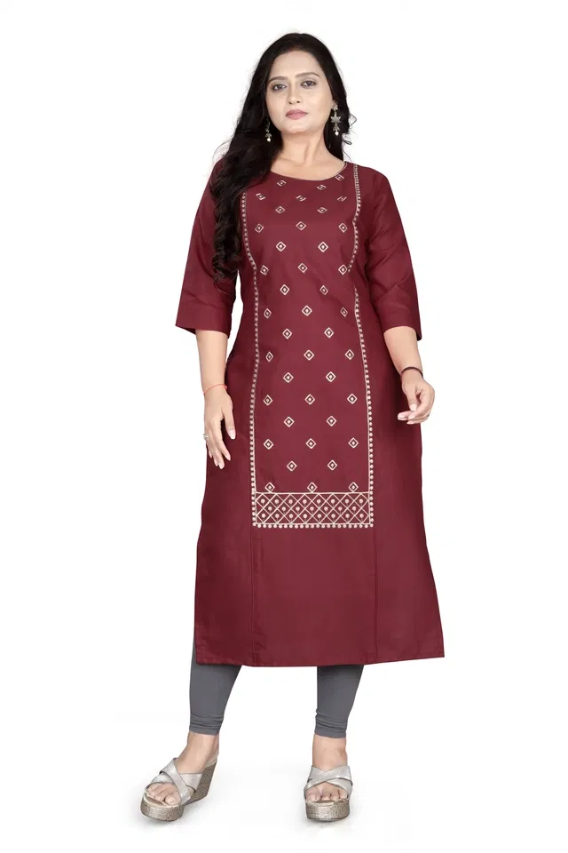 Ethnic Motif Zari Embroidered Cotton Slub Kurti for Women (Maroon, 4XL)