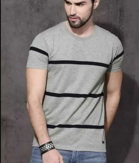 Fancy Micro Striped Half Sleeves T-Shirt For Men (Grey, L) (P-02)