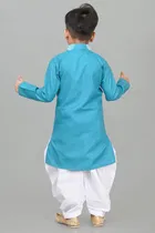 Cotton Printed Kurta with Dhoti for Boys, Teal & White 