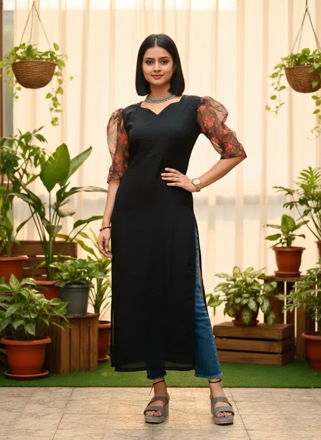 A-Line Kurti for Women (Black, M)