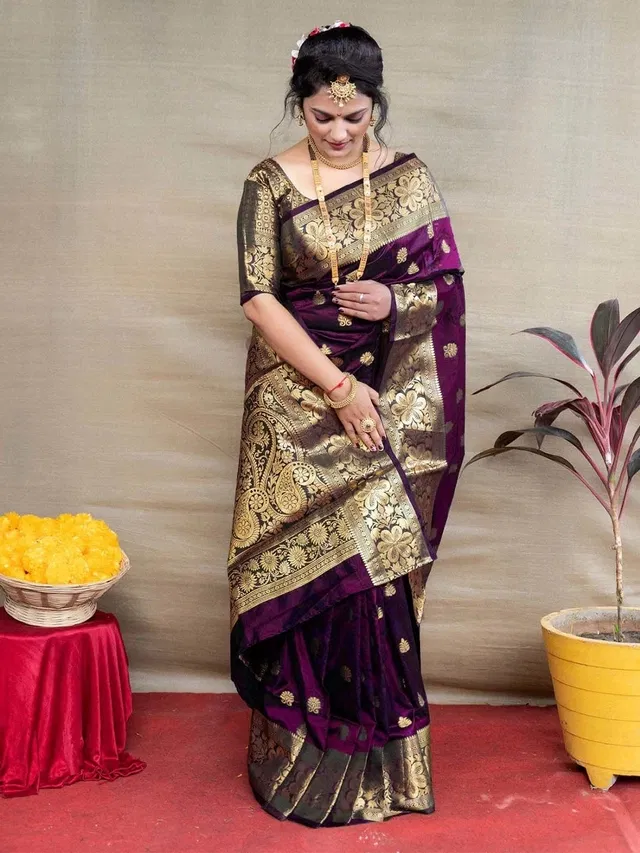 Banarasi Silk Embellished Saree for Women (Wine, 6.3 m)