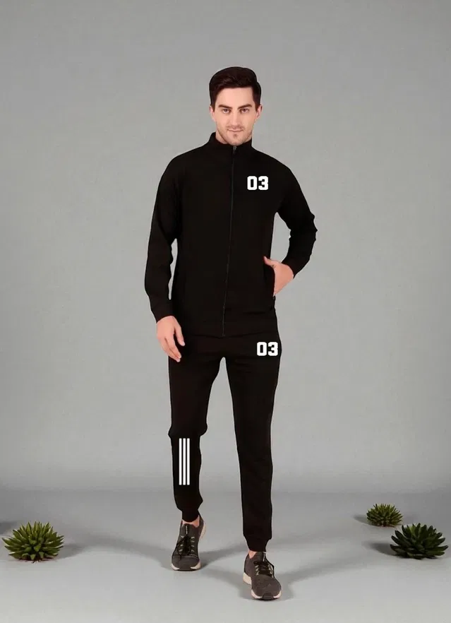 Polyester Printed Tracksuit for Men, Black (XL)